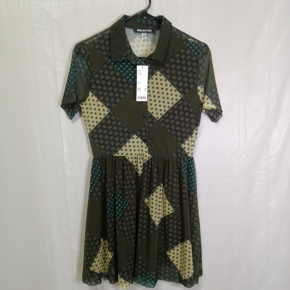 Urban Outfitters UO Dottie Mini Shirt Dress Green Mesh - Picture 2 of 14
